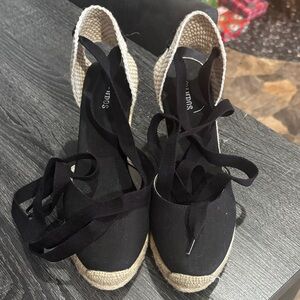 Soludos Black and Cream Marseille Wedge Espadrille Size 8